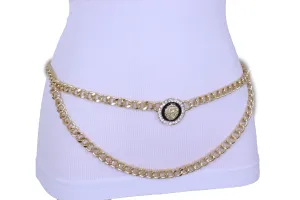 Gold Metal Wave Chain Belt with Rhinestone Lion Medallion