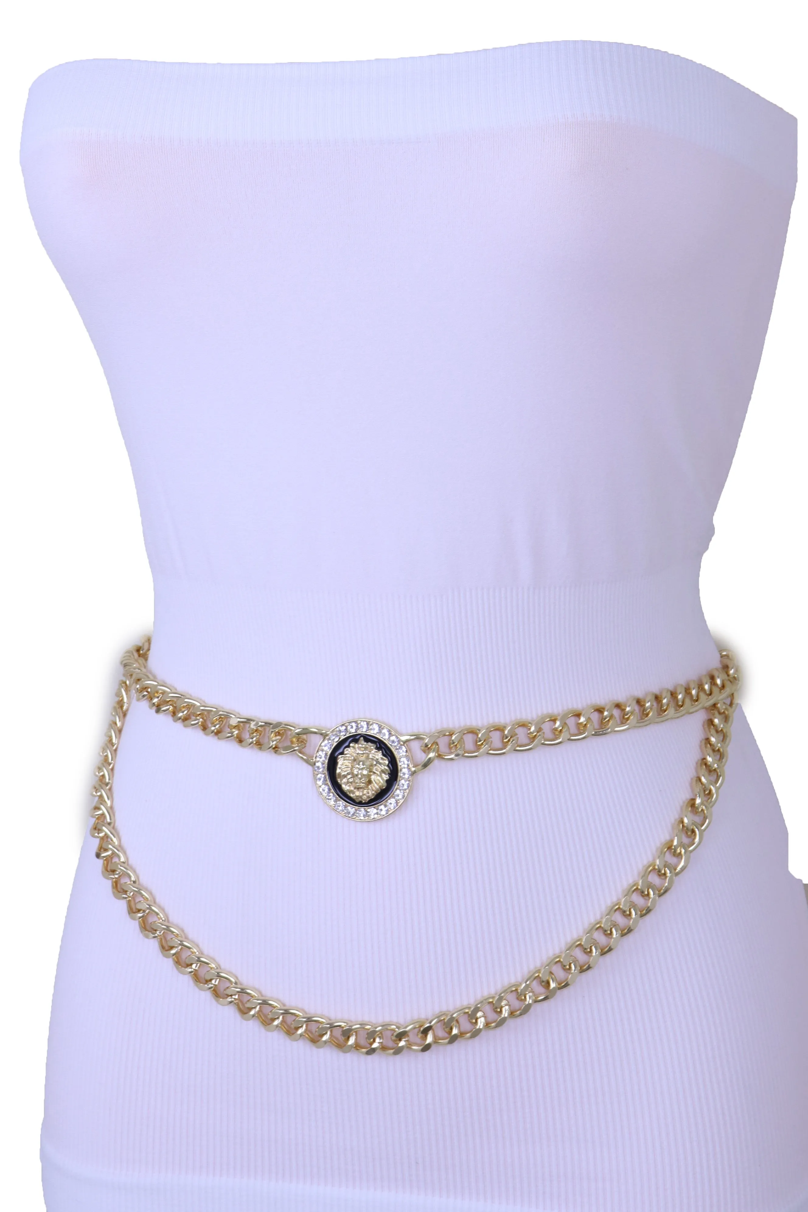 Gold Metal Wave Chain Belt with Rhinestone Lion Medallion