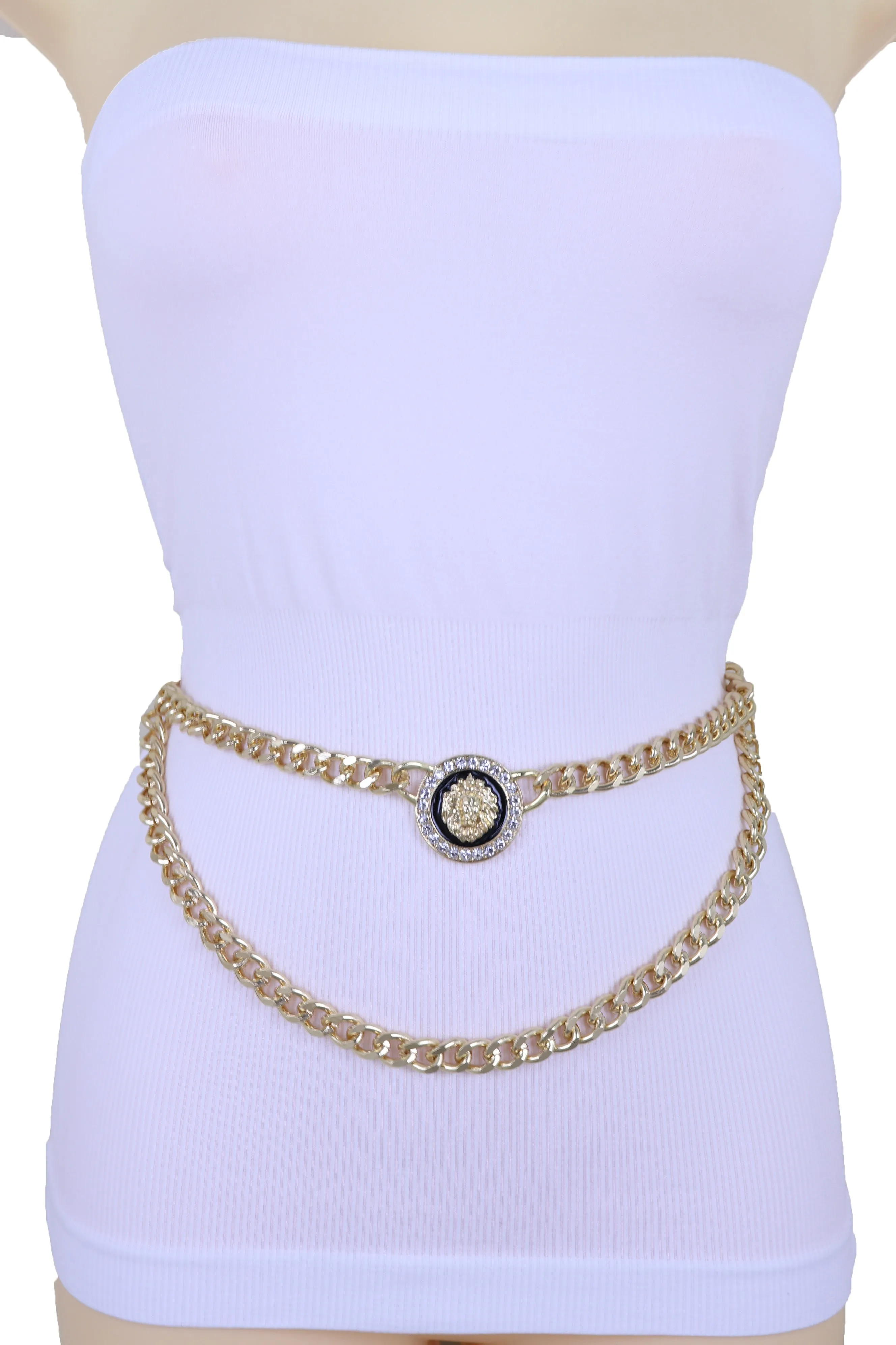 Gold Metal Wave Chain Belt with Rhinestone Lion Medallion