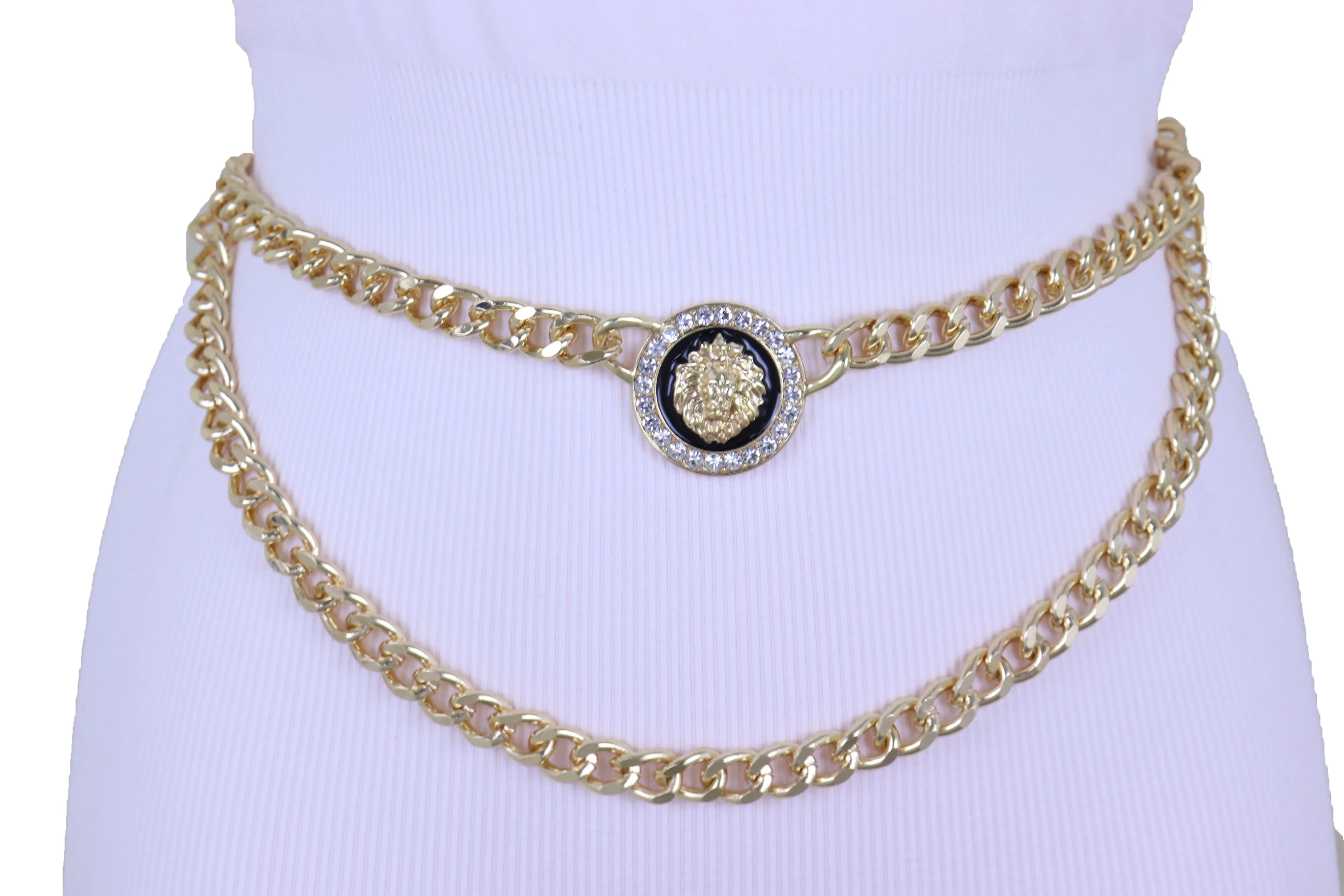 Gold Metal Wave Chain Belt with Rhinestone Lion Medallion