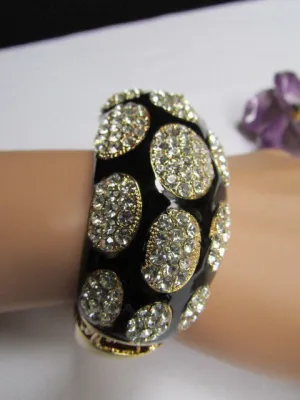 Gold Metal Wide Bracelet Black Animal Print Silver Rhinestone