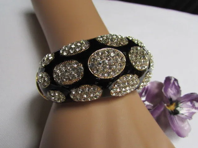 Gold Metal Wide Bracelet Black Animal Print Silver Rhinestone