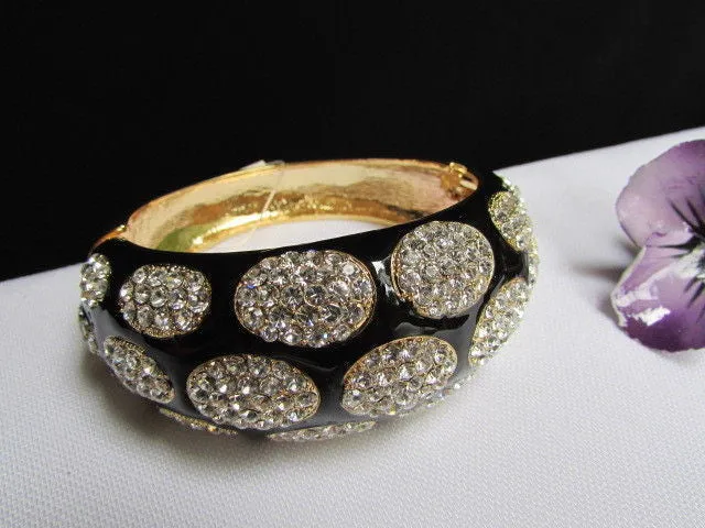 Gold Metal Wide Bracelet Black Animal Print Silver Rhinestone