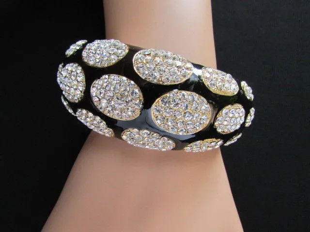 Gold Metal Wide Bracelet Black Animal Print Silver Rhinestone