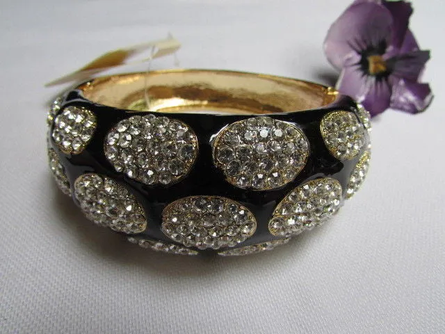 Gold Metal Wide Bracelet Black Animal Print Silver Rhinestone