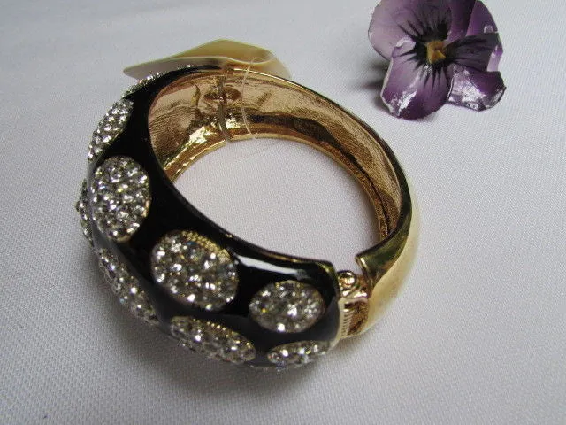 Gold Metal Wide Bracelet Black Animal Print Silver Rhinestone