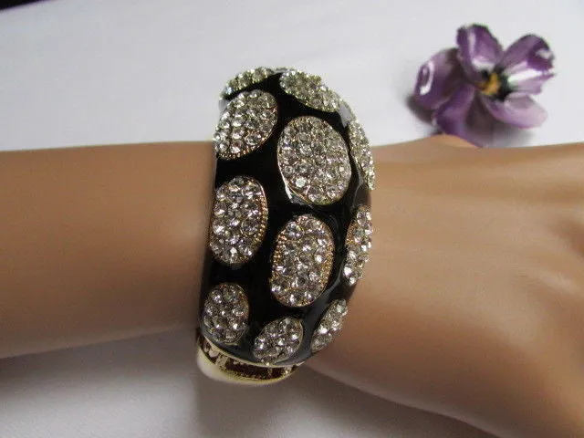 Gold Metal Wide Bracelet Black Animal Print Silver Rhinestone