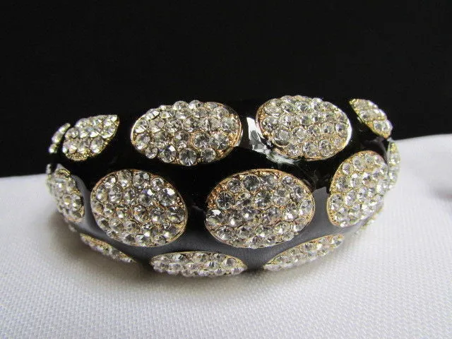 Gold Metal Wide Bracelet Black Animal Print Silver Rhinestone