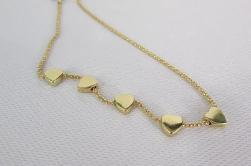 Gold Thin Metal Chain Five Mini Hearts Long Pendant Necklace