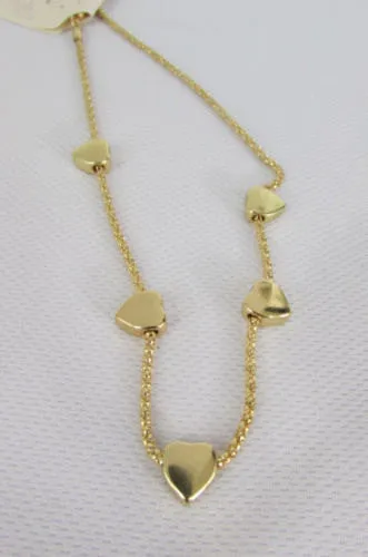 Gold Thin Metal Chain Five Mini Hearts Long Pendant Necklace