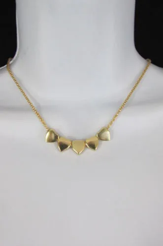 Gold Thin Metal Chain Five Mini Hearts Long Pendant Necklace