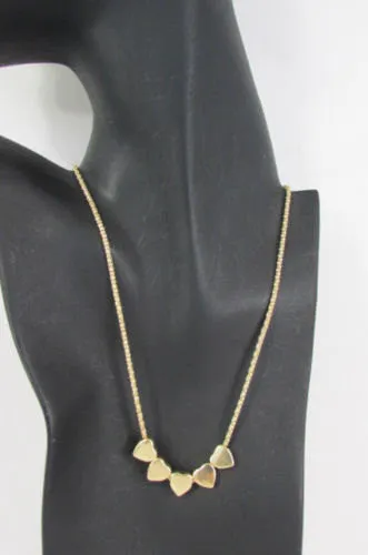 Gold Thin Metal Chain Five Mini Hearts Long Pendant Necklace