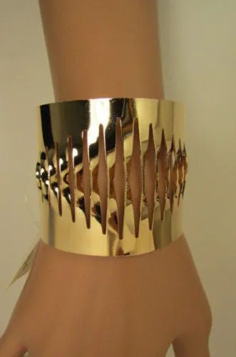 Gold Thin Metal Cuff Bracelet Cut Out Fans Shapes