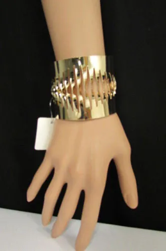 Gold Thin Metal Cuff Bracelet Cut Out Fans Shapes