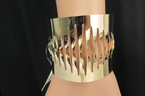 Gold Thin Metal Cuff Bracelet Cut Out Fans Shapes