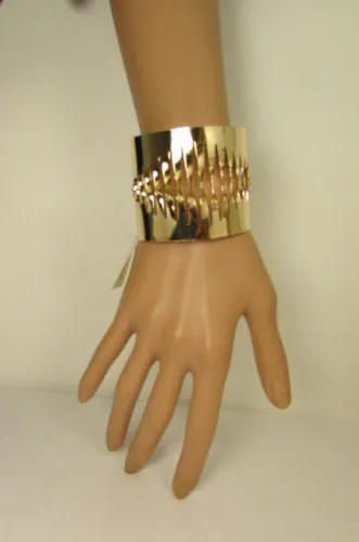 Gold Thin Metal Cuff Bracelet Cut Out Fans Shapes