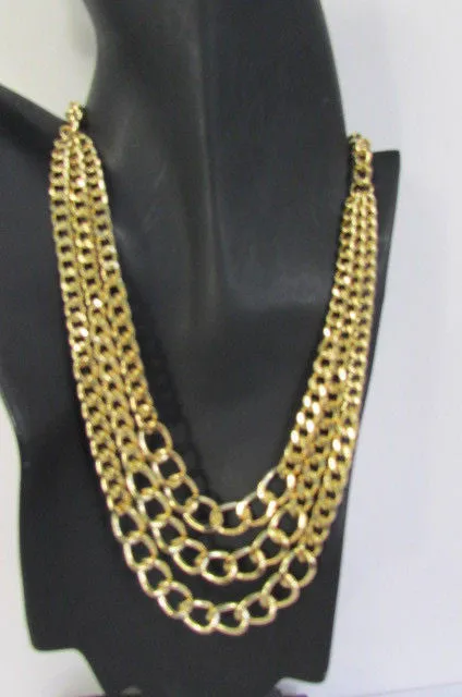 Gold Three Thick Chains Links Strands Necklace Earrings Set Women Trendy