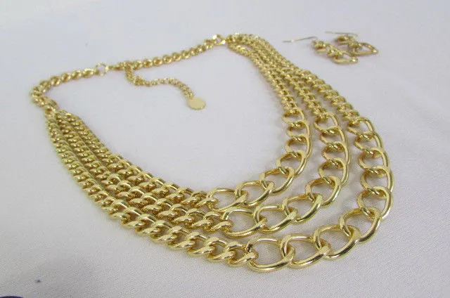 Gold Three Thick Chains Links Strands Necklace Earrings Set Women Trendy