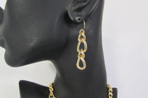 Gold Three Thick Chains Links Strands Necklace Earrings Set Women Trendy