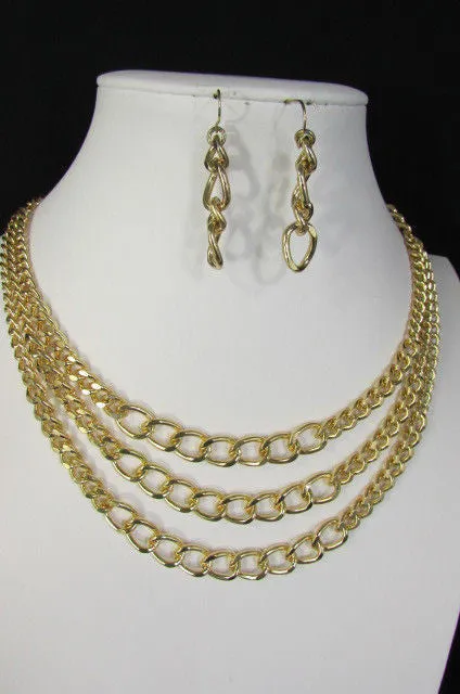 Gold Three Thick Chains Links Strands Necklace Earrings Set Women Trendy