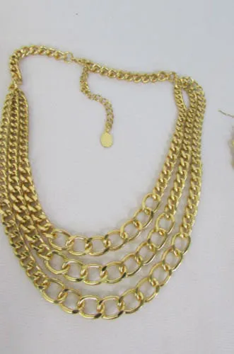 Gold Three Thick Chains Links Strands Necklace Earrings Set Women Trendy