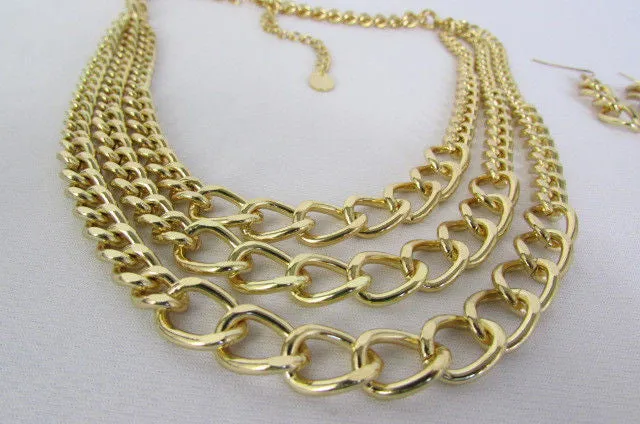 Gold Three Thick Chains Links Strands Necklace Earrings Set Women Trendy