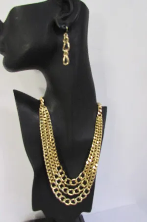 Gold Three Thick Chains Links Strands Necklace Earrings Set Women Trendy