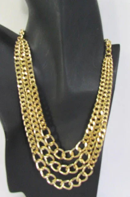 Gold Three Thick Chains Links Strands Necklace Earrings Set Women Trendy