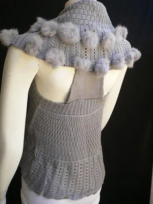 Gray Trendy Knit Shawl Warm Sexy Top Faux Fun Ball Sweater Sleeveless Size S-M-L