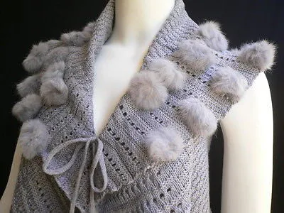 Gray Trendy Knit Shawl Warm Sexy Top Faux Fun Ball Sweater Sleeveless Size S-M-L