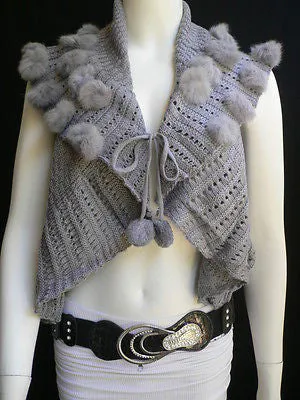 Gray Trendy Knit Shawl Warm Sexy Top Faux Fun Ball Sweater Sleeveless Size S-M-L