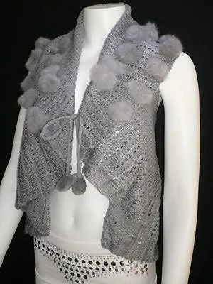 Gray Trendy Knit Shawl Warm Sexy Top Faux Fun Ball Sweater Sleeveless Size S-M-L