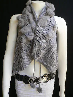 Gray Trendy Knit Shawl Warm Sexy Top Faux Fun Ball Sweater Sleeveless Size S-M-L