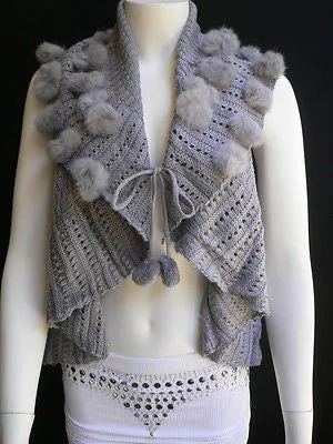 Gray Trendy Knit Shawl Warm Sexy Top Faux Fun Ball Sweater Sleeveless Size S-M-L