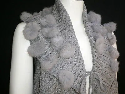 Gray Trendy Knit Shawl Warm Sexy Top Faux Fun Ball Sweater Sleeveless Size S-M-L