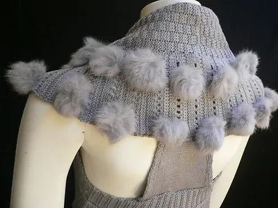 Gray Trendy Knit Shawl Warm Sexy Top Faux Fun Ball Sweater Sleeveless Size S-M-L