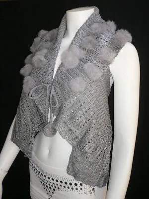 Gray Trendy Knit Shawl Warm Sexy Top Faux Fun Ball Sweater Sleeveless Size S-M-L