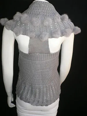 Gray Trendy Knit Shawl Warm Sexy Top Faux Fun Ball Sweater Sleeveless Size S-M-L