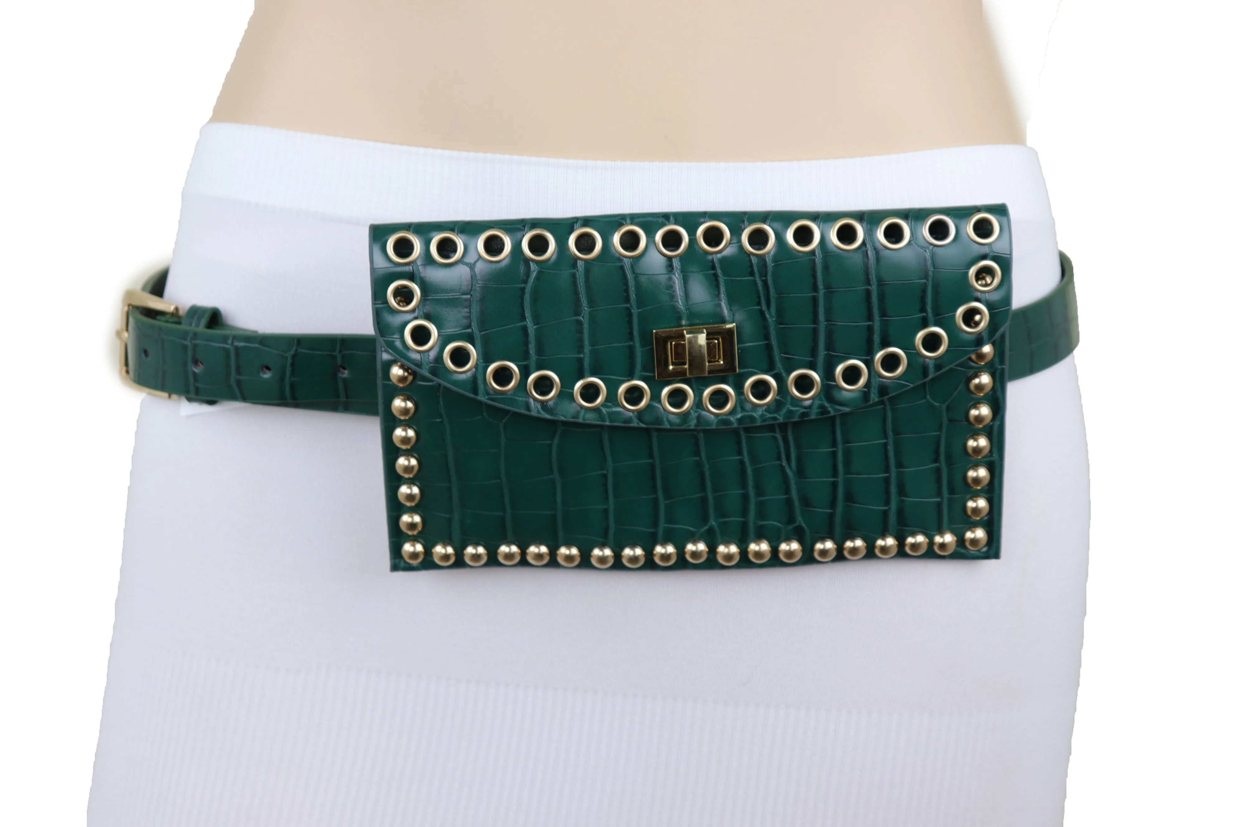 Green Faux Crocodile Leather Fashion Belt   Phone Purse Gold Metal Stud