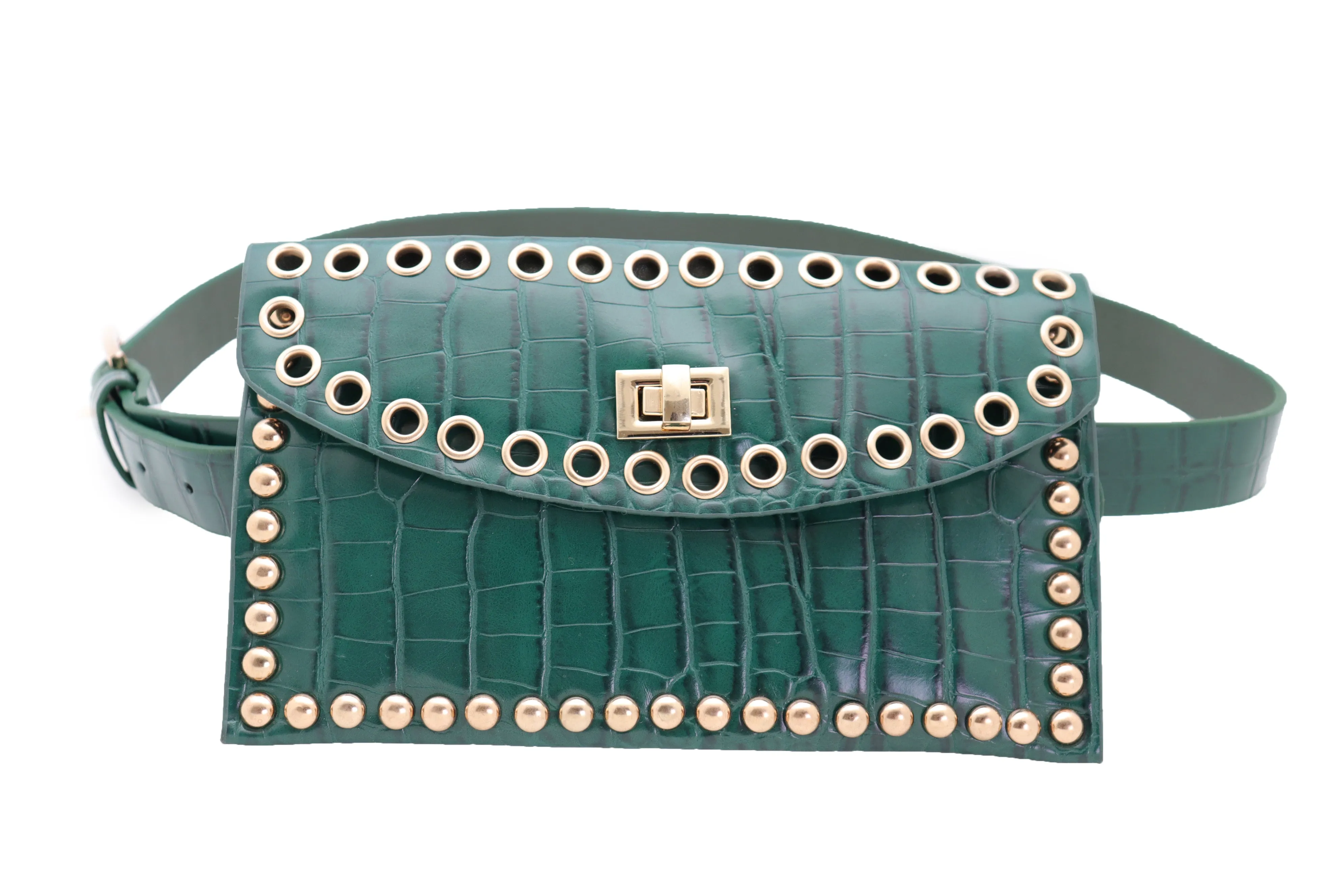 Green Faux Crocodile Leather Fashion Belt   Phone Purse Gold Metal Stud