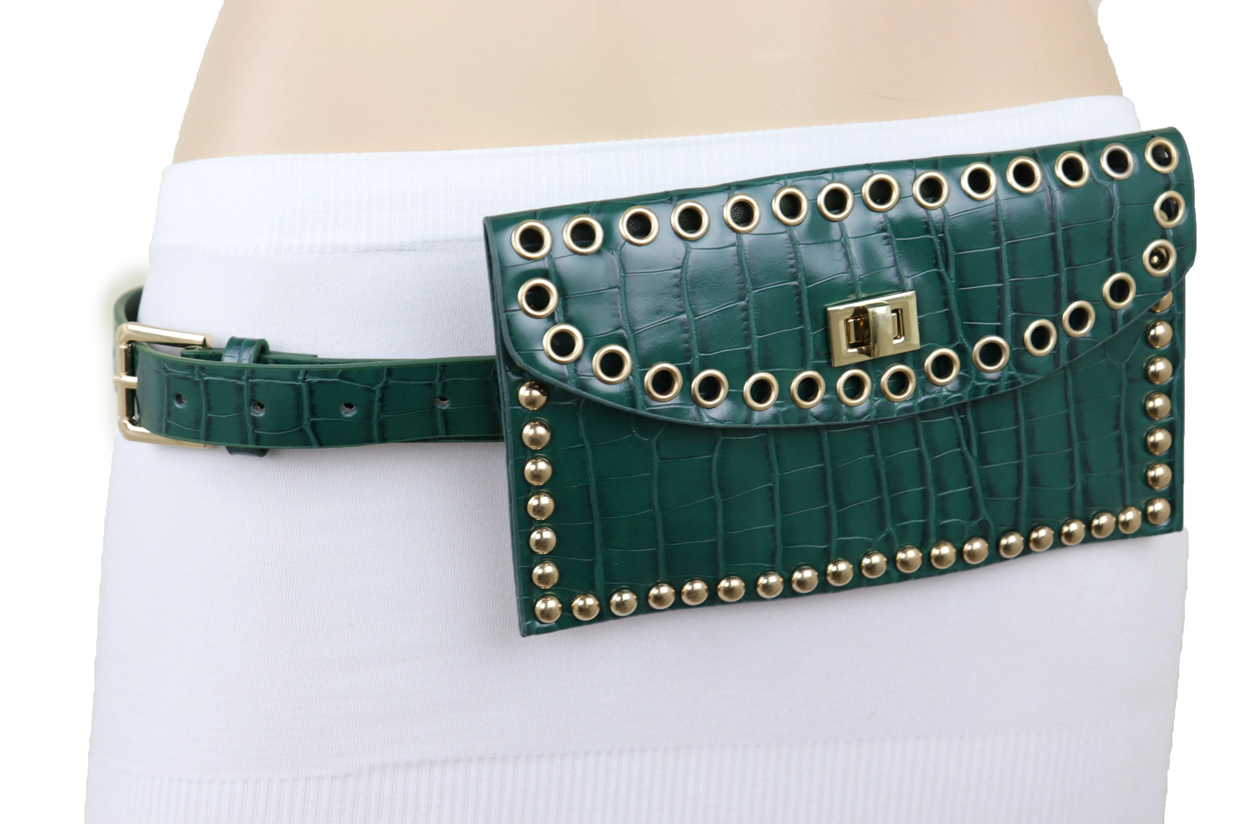 Green Faux Crocodile Leather Fashion Belt   Phone Purse Gold Metal Stud