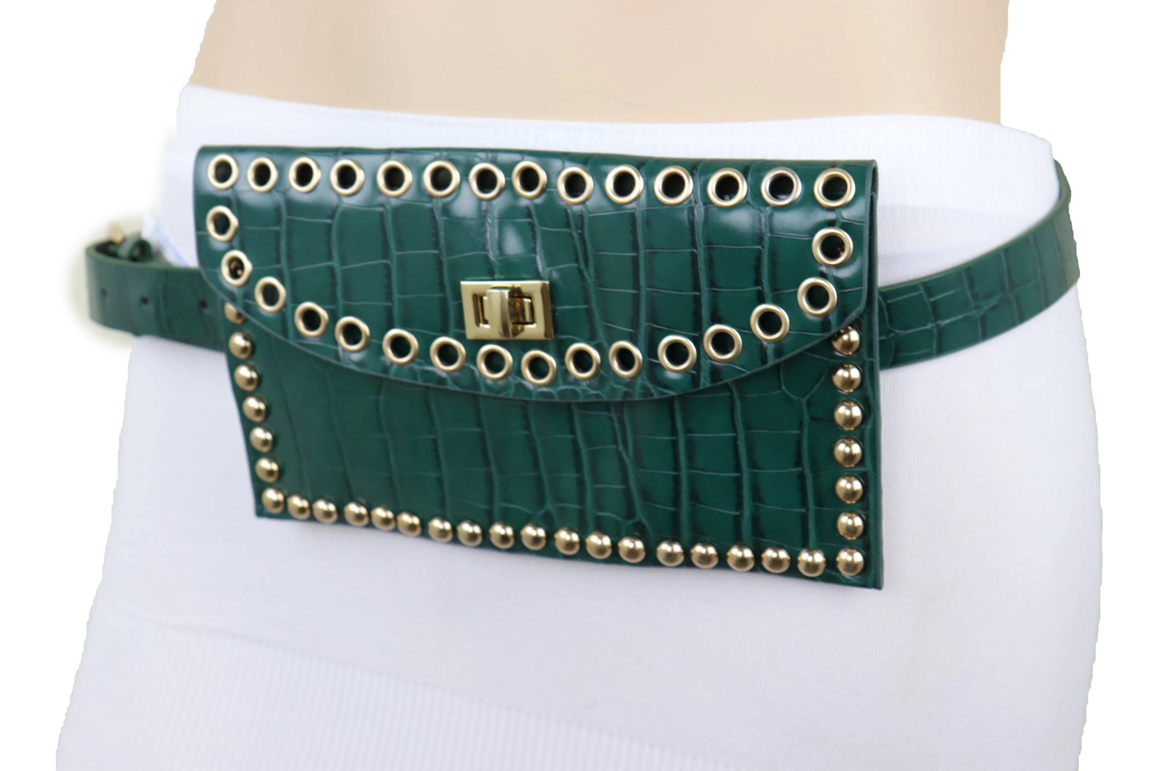 Green Faux Crocodile Leather Fashion Belt   Phone Purse Gold Metal Stud