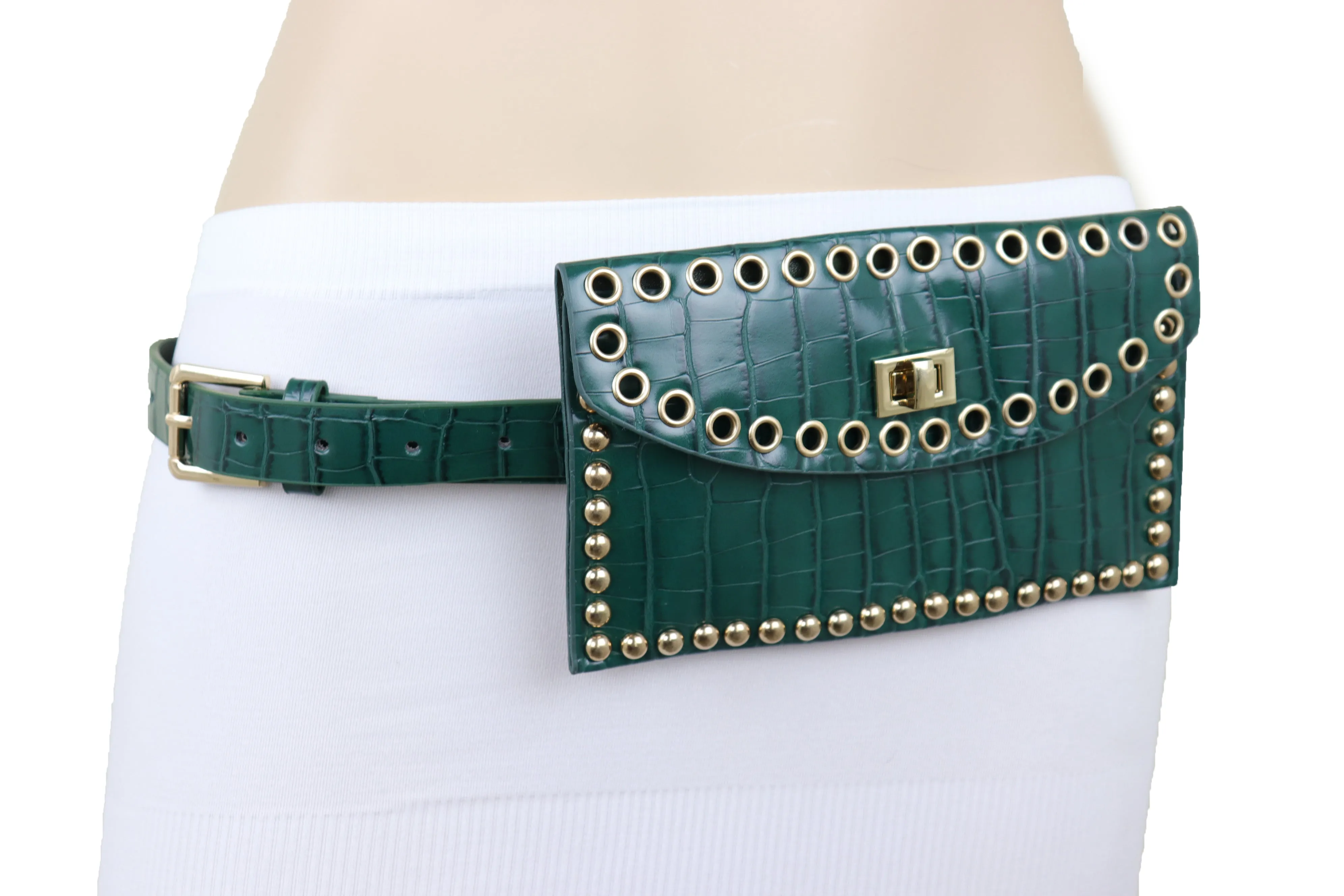 Green Faux Crocodile Leather Fashion Belt   Phone Purse Gold Metal Stud