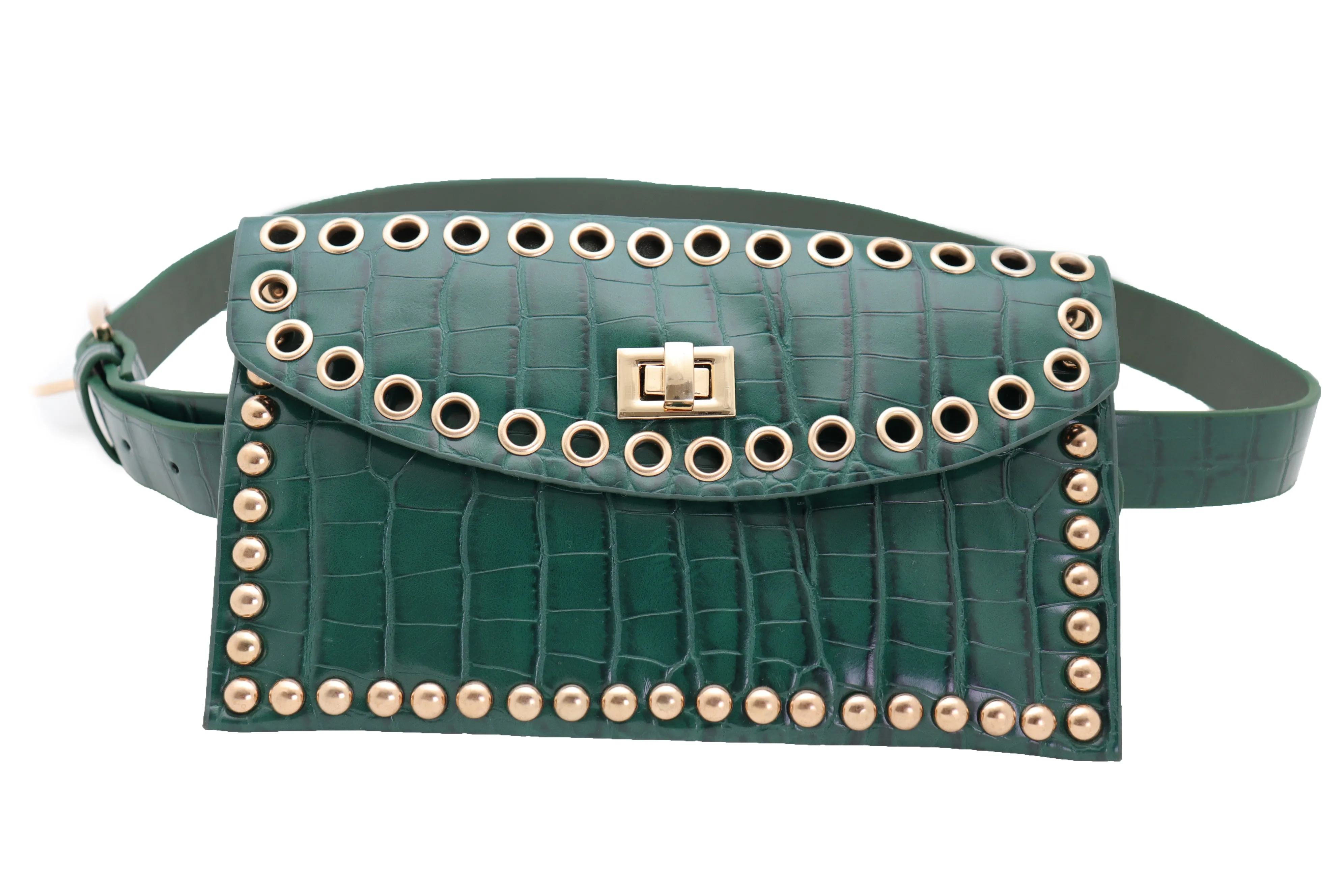 Green Faux Crocodile Leather Fashion Belt   Phone Purse Gold Metal Stud