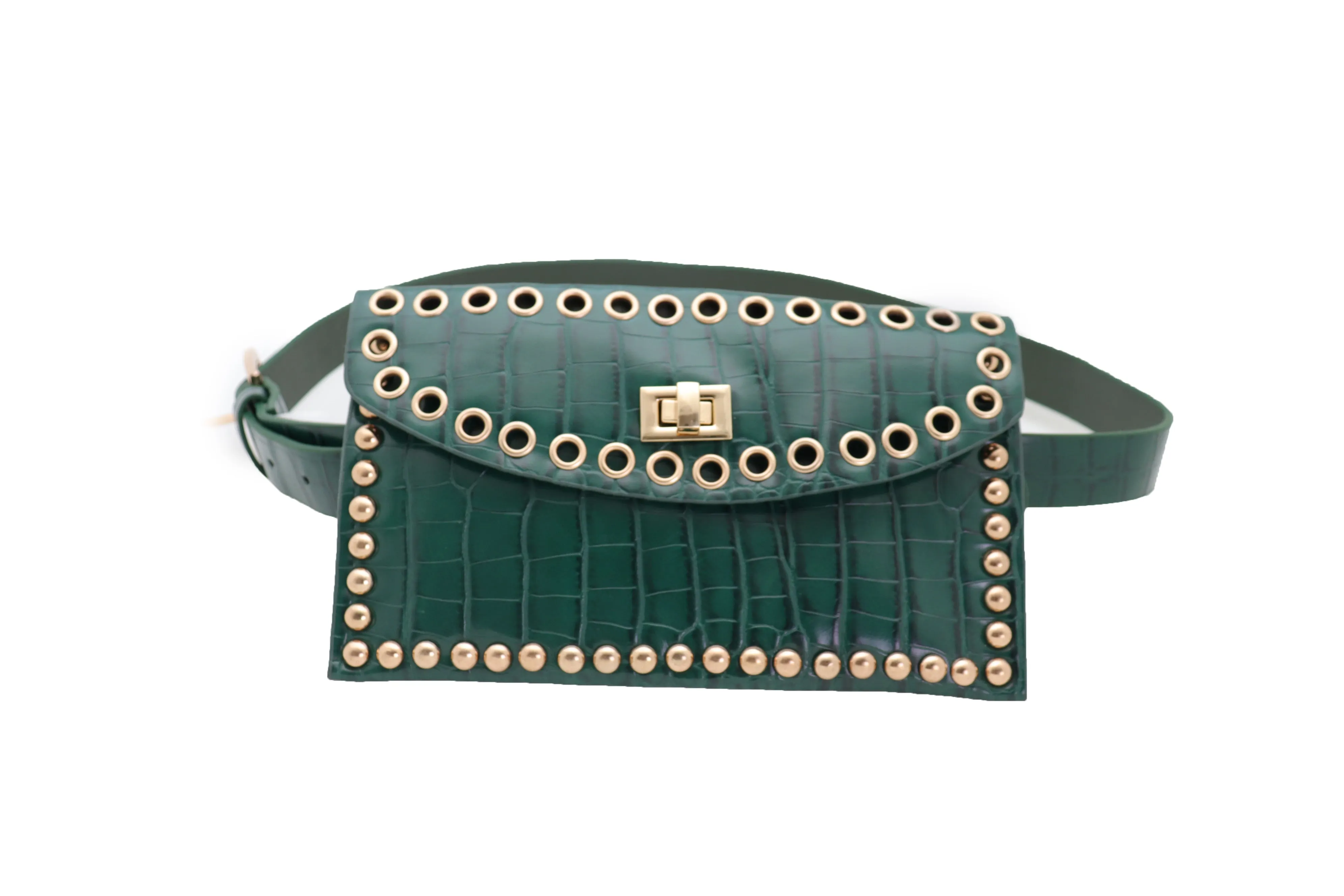 Green Faux Crocodile Leather Fashion Belt   Phone Purse Gold Metal Stud