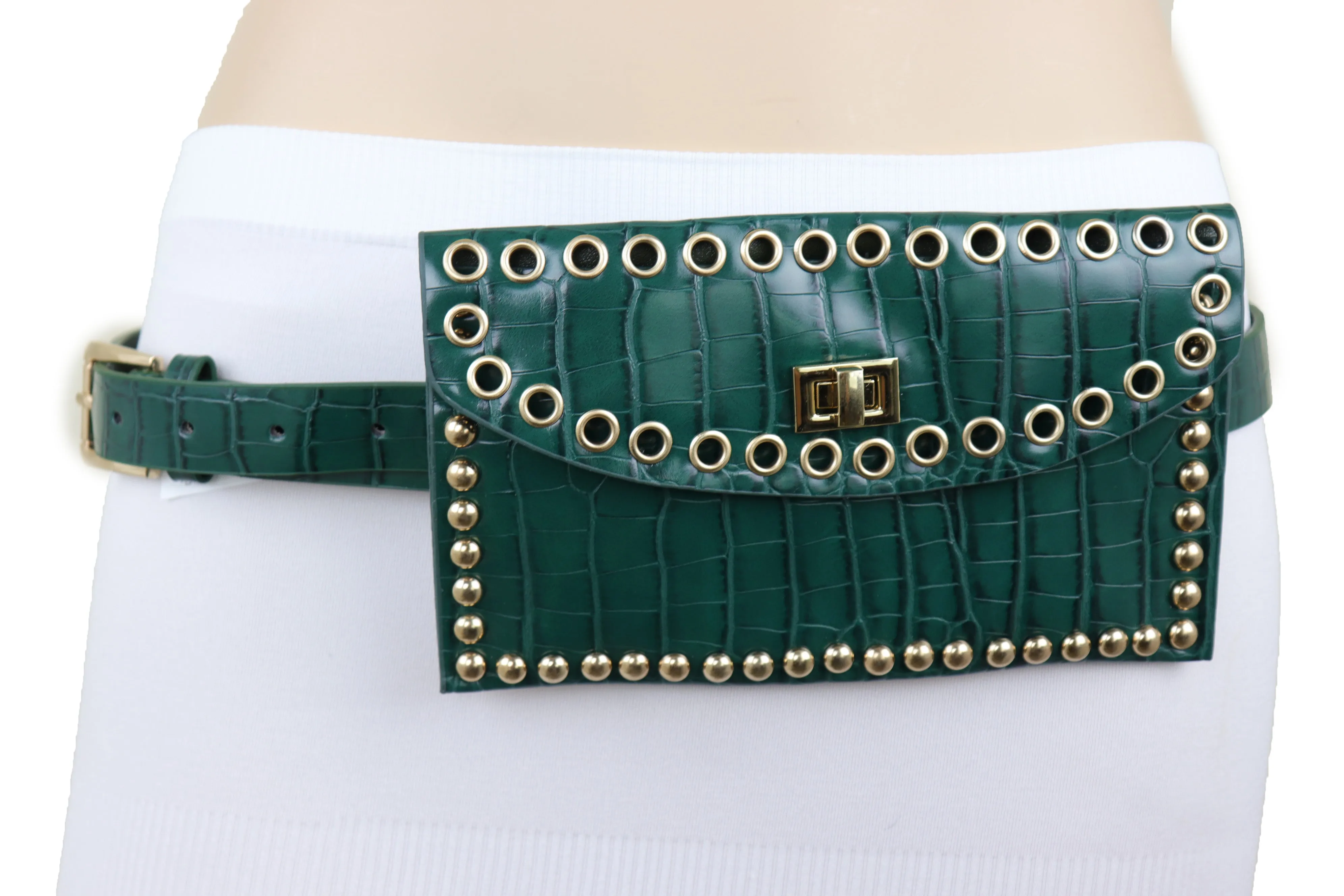 Green Faux Crocodile Leather Fashion Belt   Phone Purse Gold Metal Stud