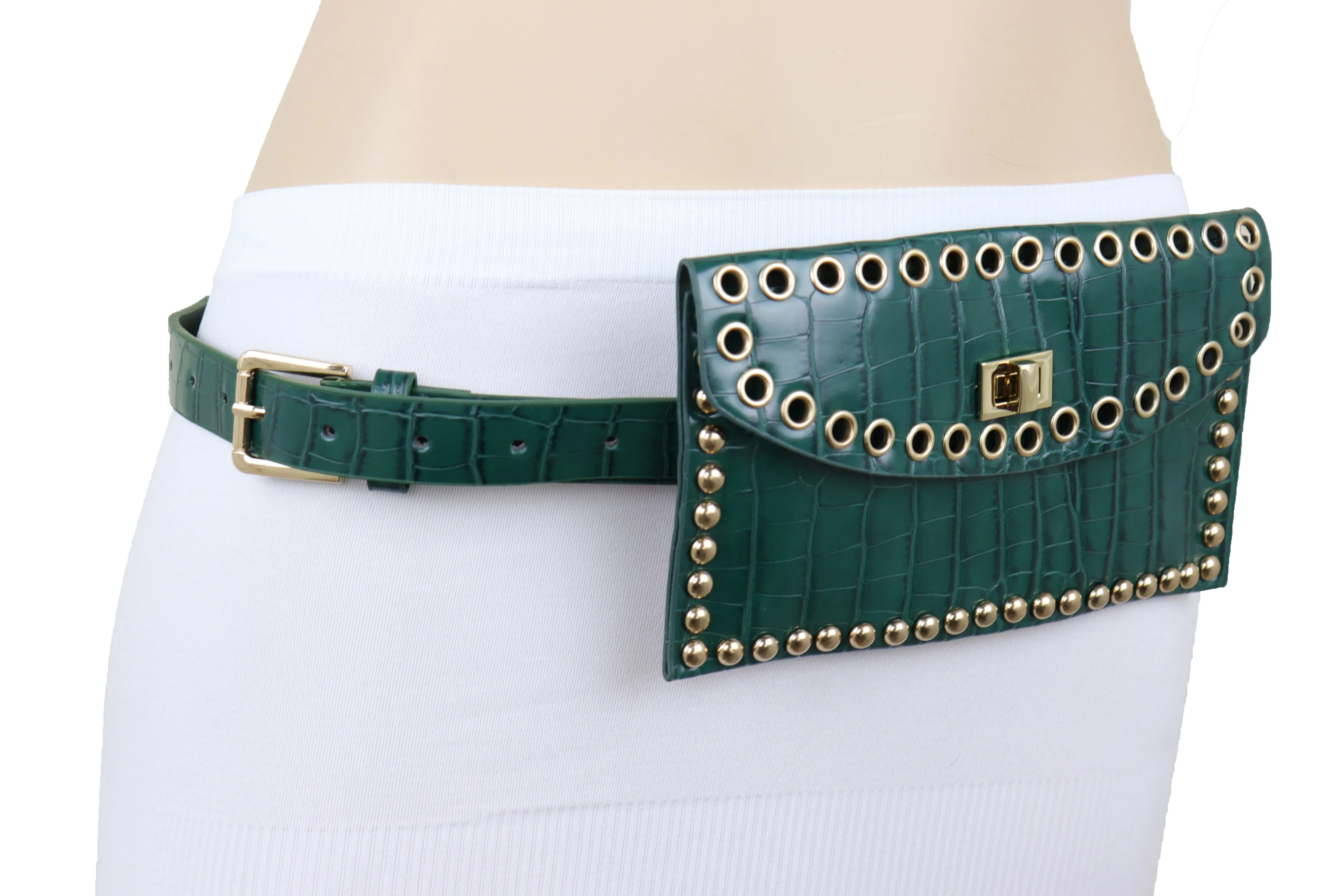 Green Faux Crocodile Leather Fashion Belt   Phone Purse Gold Metal Stud