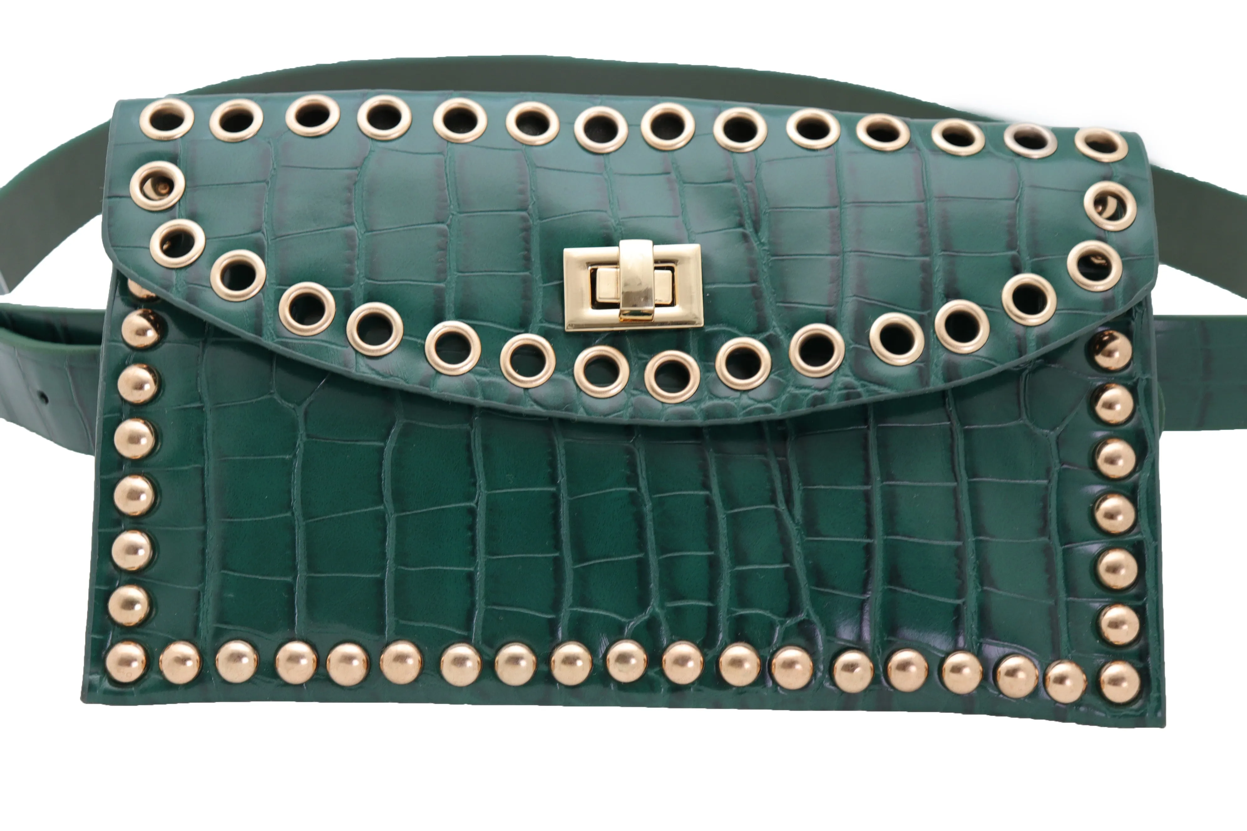 Green Faux Crocodile Leather Fashion Belt   Phone Purse Gold Metal Stud