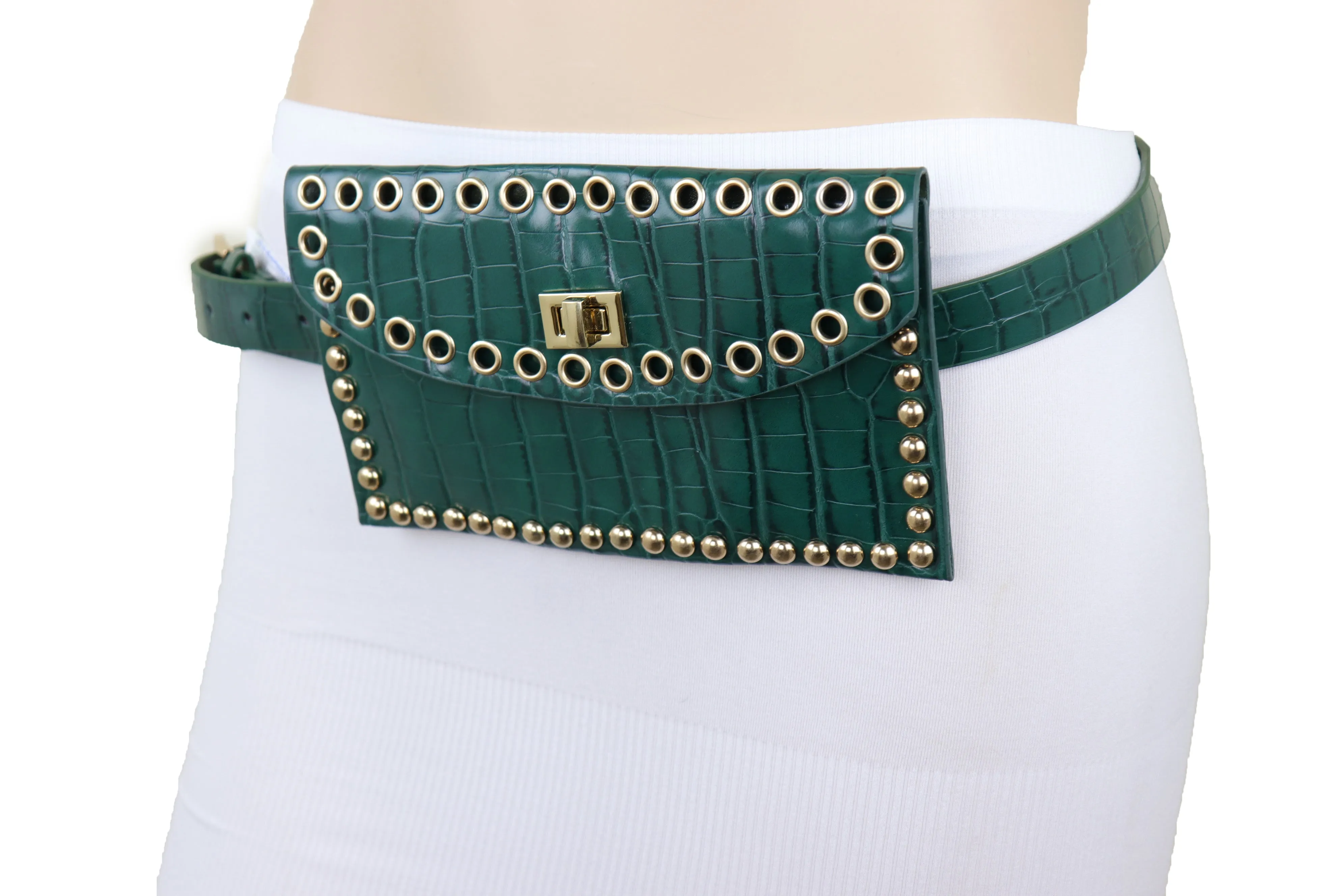 Green Faux Crocodile Leather Fashion Belt   Phone Purse Gold Metal Stud