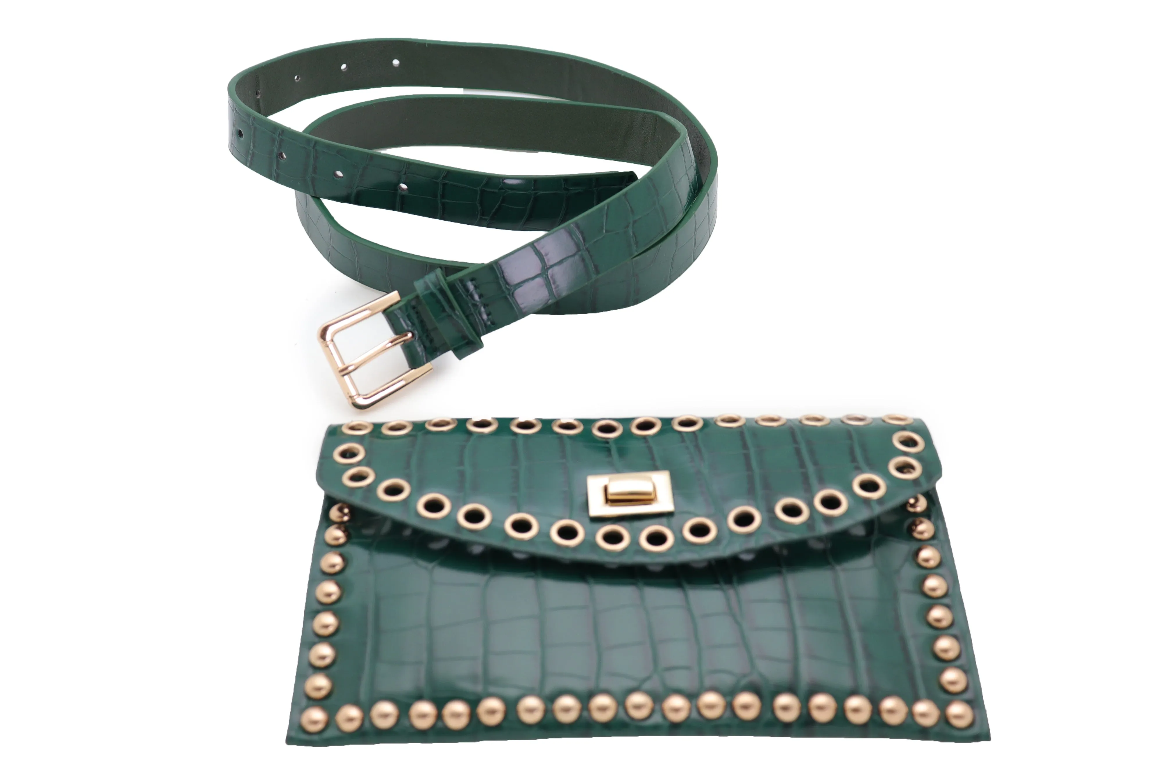 Green Faux Crocodile Leather Fashion Belt   Phone Purse Gold Metal Stud